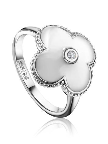Silver Floral Ring With White Enamel And Diamond The Heritage, Ring Size: 5.5 / 16, image 