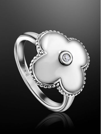Silver Floral Ring With White Enamel And Diamond The Heritage, Ring Size: 5.5 / 16, image , picture 2