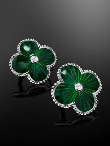 Green Enamel Four Petal Earrings With Diamonds The Heritage, image , picture 2