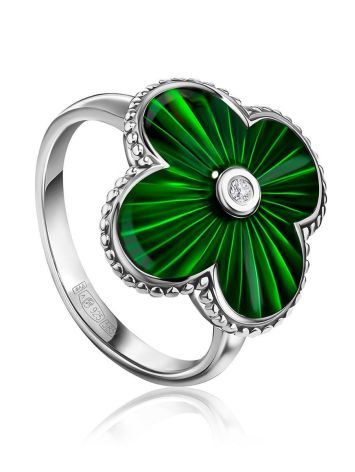 Green Enamel Four Petal Ring With Diamond The Heritage, Ring Size: 7 / 17.5, image 