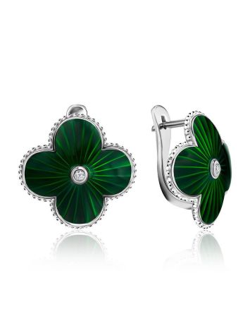 Green Enamel Four Petal Earrings With Diamonds The Heritage, image 