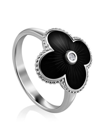 Black Enamel Four Petal Silver Ring With Diamond The Heritage, Ring Size: 8 / 18, image 