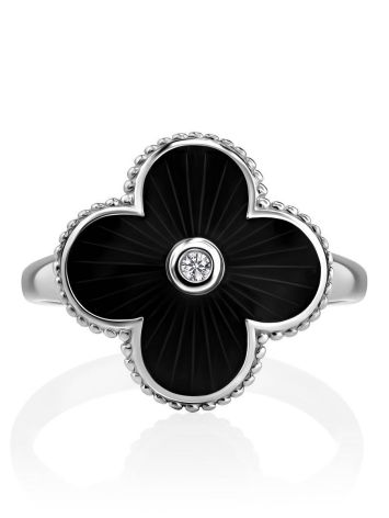 Black Enamel Four Petal Silver Ring With Diamond The Heritage, Ring Size: 8 / 18, image , picture 3