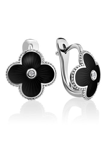 Black Enamel Four Petal Silver Earrings With Diamond The Heritage, image 