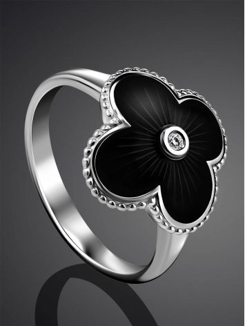 Black Enamel Four Petal Silver Ring With Diamond The Heritage, Ring Size: 8 / 18, image , picture 2