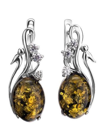 Green Amber Earrings In Sterling Silver With Crystals The Swan, image 