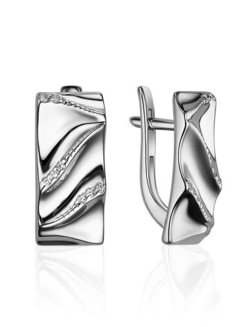 Elegantly Sculpted Silver Crystal Earrings, image 