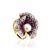 Bold Gold-Plated Floral Ring With Purple Crystals And Cultured Pearl The Jungle, Ring Size: 5.5 / 16, image 
