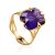 Golden Cocktail Ring With Bright Amethyst, Ring Size: 7 / 17.5, image 