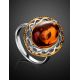 Кольцо из коньячного янтаря в ажурной оправе с позолотой «Вавилон» 17, Ring Size: 13 / 22, image , picture 2