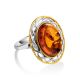 Кольцо из коньячного янтаря в ажурной оправе с позолотой «Вавилон» 17, Ring Size: 13 / 22, image , picture 4
