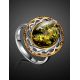 Яркое кольцо из зелёного янтаря в серебре с позолотой «Вавилон» 16.5, Ring Size: 13 / 22, image , picture 2