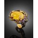 Bold Adjustable Honey Amber Ring In Gold-Plated Silver With Crystals The Pompadour, Ring Size: Adjustable, image , picture 3