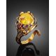 Bold Adjustable Honey Amber Ring In Gold-Plated Silver With Crystals The Pompadour, Ring Size: Adjustable, image , picture 2