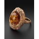 Gorgeous Amber Ring In Gold-Plated Silver With Crystals The Venus, Ring Size: 12 / 21.5, image , picture 2