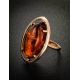 Bold Gold-Plated Cocktail Ring With Cognac Amber The Elegy, Ring Size: 6 / 16.5, image , picture 2