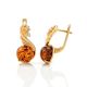 Cognac Amber Earrings In Gold-Plated Silver With Crystals The Swan, image , picture 3