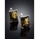 Silver Earrings With Square Green Amber Stone The Rectangle, image , picture 2