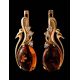Golden Earrings With Cognac Amber and Crystals The Swan, image , picture 2