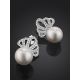 Classy Silver Pearl Stud Earrings With Crystals, image , picture 2