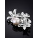 ClassyFloral Design Silver Brooch With Pearl And Crystals, image , picture 2