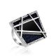 Geometric Design Silver Ring With Denim And Volcanic Glass, Ring Size: 9 / 19, image 