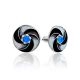 Round Silver Enamel Stud Earrings With Blue Crystals, image 
