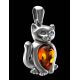 Silver Cat Pendant With Cognac Amber, image , picture 2