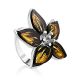 Floral Design Silver Amber Adjustable Ring, Ring Size: Adjustable, image 