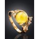 Charming Gold-Plated Ring With Honey Amber And Crystals The Swan, Ring Size: 7 / 17.5, image , picture 2