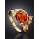 Bright Cognac Amber Ring In Gold-Plated Silver With Crystals The Swan, Ring Size: 7 / 17.5, image , picture 2