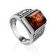 Filigree Silver Signet Ring With Cognac Amber The Cesar, Ring Size: 8 / 18, image 