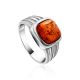Stylish Silver Men's Ring With Cognac Amber The Cesar, Ring Size: 7 / 17.5, image 