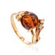 Bright Cognac Amber Ring In Gold-Plated Silver With Crystals The Swan, Ring Size: 9 / 19, image 