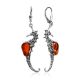 Sea Horse Design Silver Amber Earrings, image 