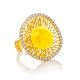 Fabulous Honey Amber Ring In Gold-Plated Silver With Crystals The Venus, Ring Size: Adjustable, image 