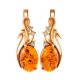 Golden Earrings With Cognac Amber and Crystals The Swan, image 
