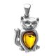 Silver Cat Pendant With Cognac Amber, image 