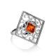 Square Sterling Silver Ring With Cognac Amber The Arabesque, Ring Size: 8 / 18, image 