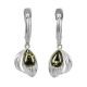 Bright Silver Drop Earrings With Green Amber The Bee, image 