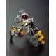 Cocktail Silver Ring With Honey Amber The Bee, Ring Size: Adjustable, image , picture 2