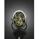 Крупное серебряное кольцо с искрящимся янтарём зелёного цвета 18.5, Ring Size: 8.5 / 18.5, image , picture 3