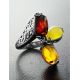 Multicolor Amber Ring In Sterling Silver With Dangle Bead The Casablanca, Ring Size: 8.5 / 18.5, image , picture 2