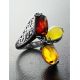 Multicolor Amber Ring In Sterling Silver With Dangle Bead The Casablanca, Ring Size: 13 / 22, image , picture 2