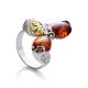 Multicolor Amber Ring In Sterling Silver With Dangle Bead The Casablanca, Ring Size: 8 / 18, image 