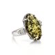 Luminous Green Amber Ring In Sterling Silver With Crystals The Penelope, Ring Size: 8.5 / 18.5, image 