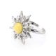 Sun Shaped Silver Ring With Butterscotch Amber The Helios, Ring Size: 13 / 22, image , picture 3