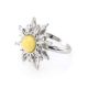 Sun Shaped Silver Ring With Butterscotch Amber The Helios, Ring Size: 6.5 / 17, image , picture 3