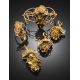 Charming Handmade Green Amber Ring In Gold-Plated Silver The Dew, Ring Size: Adjustable, image , picture 5