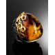 Bold Handcrafted Cocktail Ring With Cognac Amber In Gold-Plated Silver The Sirena, Ring Size: Adjustable, image , picture 2